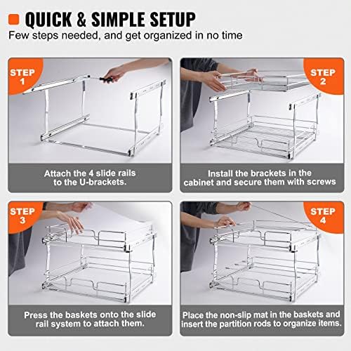 VEVOR 2 Tier 20"Wx21.2"Dx15.2"HPull Out Cabinet Organizer, Heavy Duty Slide Out Pantry Shelves, Steel Roll Out Drawers, Sliding Drawer Storage for Home, 21.5"Wx22.5"Dx19"H Install Size for Cabinet - Image 5