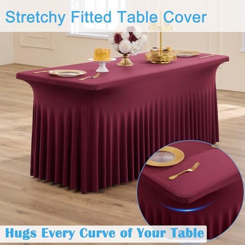 CO-AVE 4pk Burgundy Spandex Tablecloths 6ft for Rectangle Tables, Wrinkle Free Classy Table Skirt Stretchy Fitted Table Cloths Covers 6 Foot for Weddings Birthday Party Events Banquette Baby Shower - Image 4