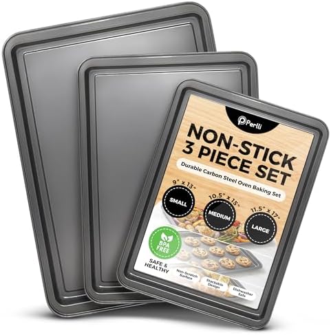 PERLLI Non-Stick 3-Piece Baking Pan Set – Carbon Steel with Even Heat Distribution, Oven Safe to 446°F, BPA-Free, Dishwasher Safe, Stackable Baking Tools for Easy Storage and Everyday Cooking - Gray by PERLLI