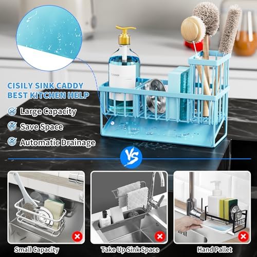 Cisily Blue Kitchen Sink Caddy Organzier with High Brush Holder, Sponge Holder for Sink, 304 Rustproof Stainless, Kitchen Countertop Soap Dispenser Organizer, Blue Home Decor and Accessories - Image 5