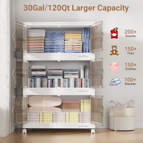 BROVIEW 360Qt Stackable Storage Bins with Lid, Extra Large Closet Organizer Collapsible Drawer Boxes with Wheels, Folding Plastic Cabinet Containers for Home Kitchen Room Organization, 3Pack White - Image 3