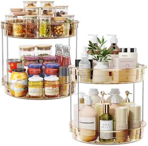 LAMU 2 Pack 2 Tier Lazy Susan Turntable Organizer 12'' Rotating Spice Rack Organization for Cabinet, Kitchen, Pantry, Countertop, Bathroom, Vanity, Medicine Cabinet Organizer, Amber by YourHome-OrganizationHelper