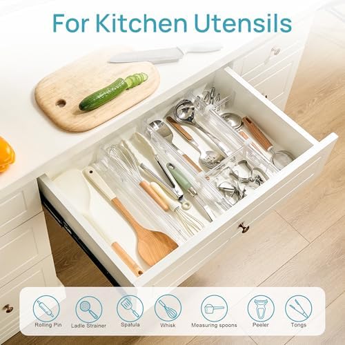 Vtopmart 2.36" Drawer Dividers with Expandable Inserts, 12.8"-22.3", 8 Pack | Adjustable Kitchen Drawer Organizer, Clear Organizer Separator for Flatware, Utensil, Cutlery, 8 Dividers with 14 Inserts - Image 4
