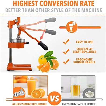 19 Inch Height Extra Tall Commercial Heavy Duty Cast Iron Hand Press Manual Orange Citrus Lemon Lime Grapefruit Pomegranate Fruit Juice Squeezer Machine with Stainless Steel Cup - Image 3