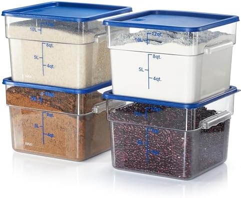 CURTA 4 Pack Food Storage Containers with Blue Lids - NSF Listed Commercial Grade in 12.0 Qt - Square, Clear, Polycarbonate by CURTA