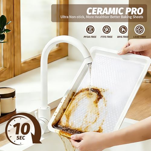 Nonstick Ceramic Baking Sheet With Rack, 2-Pack 15x10 Jelly Roll Sheet Pan, Non-Toxic, PTFE & PFOA Free, Warp-Free, Oven Safe 550°F, Dishwasher Safe, Aluminized Steel, Gray Yellow - Image 4
