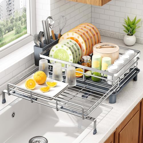 Expandable Dish Drying Rack for Kitchen Counter, Stainless Steel, Silver by SAYZH
