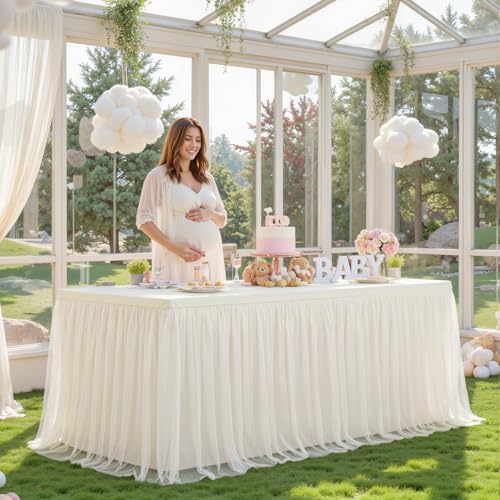 HB HBB MAGIC Ivory Table Cloths 8 Foot Rectangle Tulle Table Skirt Rectangle Tables 8ft Fitted Spandex Table Covers Stretch Elastic Banquet Birthday Party Baby Shower Wedding Table Cloths by HBBMAGIC