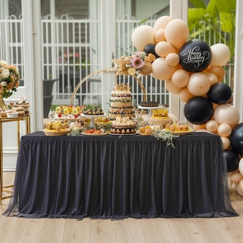 Suppromo Black Tulle Tablecloths for 8 Foot Rectangular Tables, 8ft Black Tulle Table Skirt Wrinkle Free Table Cover with Tutu Skirt for Wedding Birthday Party Banquet Buffet Tradeshow Event by Suppromo