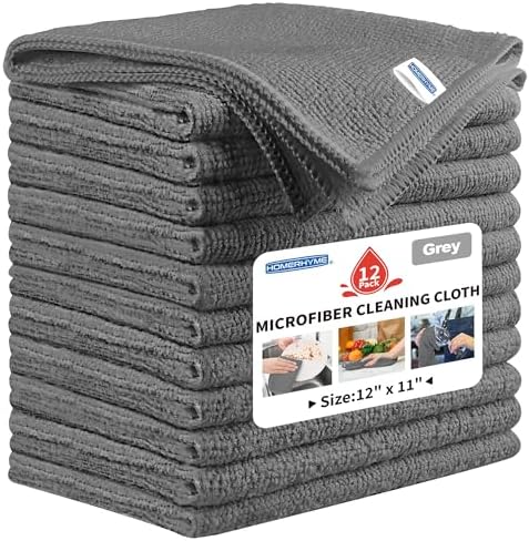 Microfiber Cleaning Cloth, 12 Pack Grey Cleaning Rags,12" X 11" Lint Free Dish Towels Wash Cloths, Reusable Microfiber Towels for Home and Kitchen Bathroom Apartment Cleaning Supplies by HOMERHYME