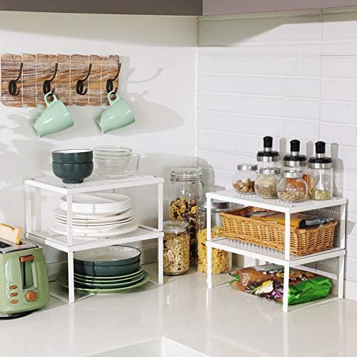 SONGMICS Expandable Spice Racks Bundle, Set of 4 Metal Kitchen Counter Shelves and Set of 4 Metal and Bamboo Spice Racks, Stackable Cabinet Shelf Organizers, White and Natural UKCS006W01 and UKCS010N0 - Image 2