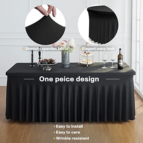 2 Pack Black Spandex Tablecloths for 4 ft Rectangle Tables, Wrinkle Free Fitted Table Covers 4 Foot StretchyTable Cloth with Skirt for Parties Weddings Birthday Banquet Baby Shower - Image 2