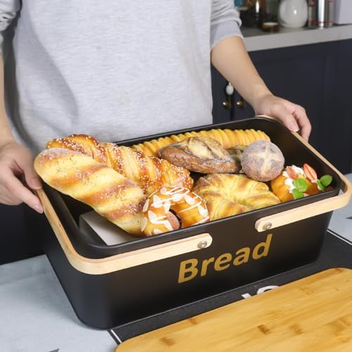 SOTECH Large Bread Box Metal Bread Bin with Bamboo Lid and Handle Portable Outdoor Bread Food Storage Container Modern Bread Box for kitchen Counter Organizer Kitchen Decor (black) - Image 6