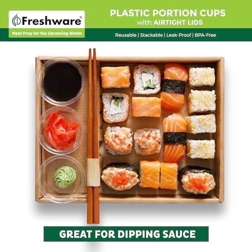 Freshware Plastic Portion Cups with Lids [2 Ounce, 200 Sets] Disposable Plastic Cups for Meal Prep, Salad Dressing, Jellos Shot Cups, Souffle Cups, Condiment and Dipping Sauce Cups - Image 4