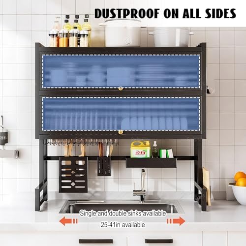 Over Sink Dish Drying Rack 2 Tier Stainless Steel Dish Drainer with Cover and Utensil Holders Large Capacity Space Saving Kitchen Organizer - Image 2