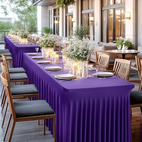 Wish Care 6 Pack Dark Purple Spandex Table Clothes for 8 Foot Rectangle Tables, 8FT Wrinkle Free Fitted Tablecloths Ruffles Design Table Cover for Party, Banquet, Wedding and Events - Image 3