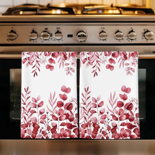 Red Eucalyptus Kitchen Towels Set of 3, Absorbent Dish Towels for Kitchen, Botanical Summer Leaves Country Floral Microfiber Hand Towel, Quick Drying Tea Towel for Cleaning Decorative Dishcloths by Unknown