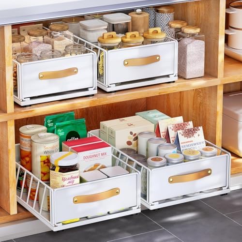 2Pack Pull out Cabinet Organizer,Heavy Duty Slide out Pantry Shelves Drawer Storage with Adhesive Nano Film,Sliding Mesh Basket with Handle for Kitchen, Bathroom, Home, 11.8W" X 15.7"D X 6.2"H,White by Kitstorack