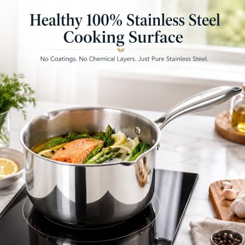 Tri-Ply Stainless Steel Pot with Steamer,3 QT Fullclad Sauce Pan with Steamer & Strainer Glass Lid for Cooking Vegetable,Small Induction Pot 3.5 QT with Stay-Cool Handle,100% Food-Grade,Built to Last - Image 2