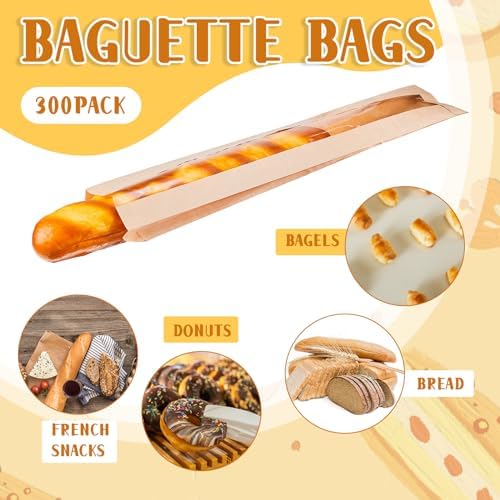 Layhit 300 Pcs Paper Bread Bags with Window for Homemade Bread Baguette Bags Brown Kraft Loaf Storage Sacks Long French Loaf Packing Bakery Storage, 4.3x1.6 x 23.2 Inch - Image 3