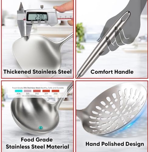 Newness 11 Pcs Cooking Utensils Set, 304 Stainless Steel Kitchen Utensils Set, Metal Kitchen Accessories, Include Soup Ladle, Slotted Skimmer Spoon, Spaghetti Spoon and Spatula, Dishwasher Safe - Image 3