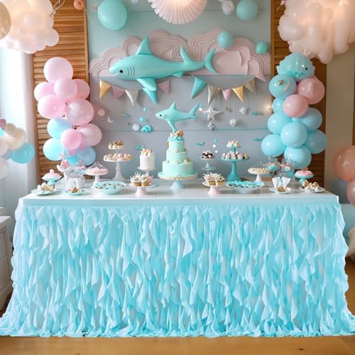 Partisky Aqua Blue Tulle Curly Willow Table Skirt for Rectangle Table 17ft, Ruffle Tutu Table Cloth for Boys Baby Shower,Birthday Party Candy Cake Tables - Image 2