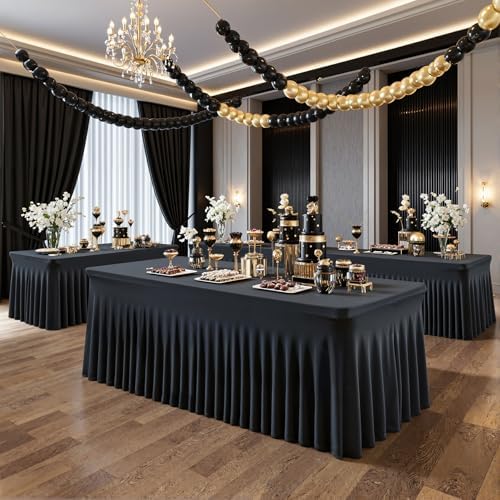 6 Pack 6ft Black Spandex Table Cloths for Rectangle Tables Wrinkle Free Black Rectangle Tablecloths, Stretch Fitted Table Cover with Skirt for Wedding Birthday Party Banquet Baby Shower Buffet Event - Image 4