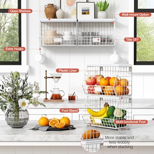 Goozii Wall Mount Bathroom Storage Basket, Fruit Produce and Vegetable Baskets for Kitchen Counter, Hanging Wire Storage Basket for Laundry Room Bedroom Closet Pantry Boys Girls Room (White) - Image 6