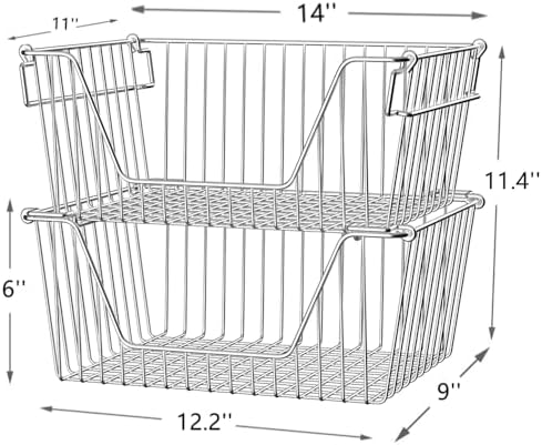 Slideep 14" Large Stackable Storage Baskets, Cabinet Organizer Sturdy Metal Wire Pantry Freezer Bin for Pantry Home Bathroom Kitchen Organization - Set of 8 - Image 2