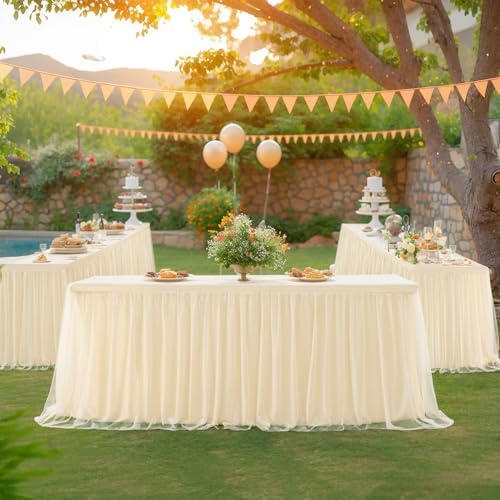 6 Pack 6ft Champagne Tulle Tablecloths for Rectangle Tables, 72 x 30 Inch Rectangular Table Cloth, Wrinkle Free Table Cover with Tutu Skirt for Wedding Birthday Party Banquet Buffet Decorations - Image 5