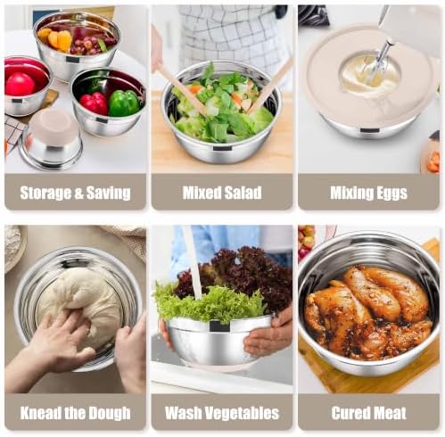 E-far Stainless Steel Mixing Bowls with Lids Set, 5-Piece, Khaki - Image 4