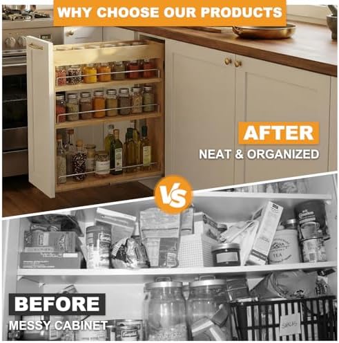 Pull Out Spice Rack Organizer for Cabinet, 5" W x 22.3" D x 25.2" H Multi-Use Solid Wood Slide Out Shelf for Kitchen Cabinet, Sliding Spice Rack for Cans & Jars, Pantry Organization - Image 5
