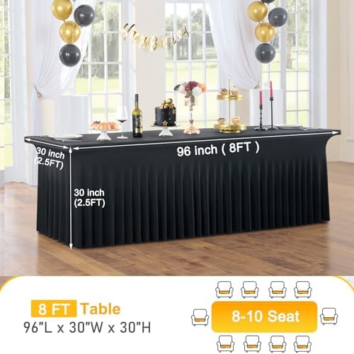 CO-AVE 6pk Black 8ft Spandex Tablecloths for Rectangle Tables, Wrinkle Free Wavy Black Table Skirt Stretchy Fitted Table Cloth Covers 8 Foot for Weddings Birthday Party Events Banquette Baby Shower - Image 4