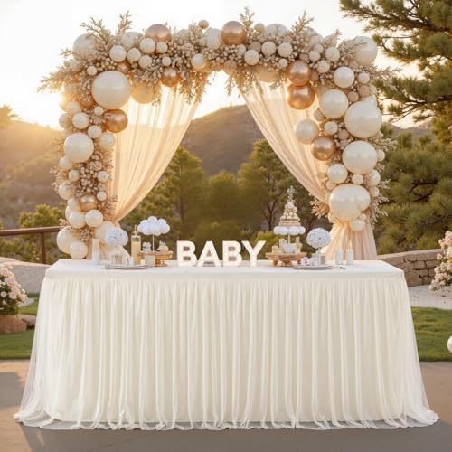 2 Pack 8ft Ivory Tulle Tablecloths for Rectangle Tables, 8 Foot Ivory Rectangular Table Cloth Wrinkle Free Tablecover with Tutu Skirt for Wedding Baby Shower Birthday Party Banquet Buffet Cake - Image 2