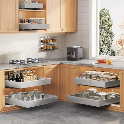 Seinloes 2 Pack Expandable Pull Out Cabinet Organizer 21" Deep with Raising Pad for Framed Cabinets,Upgrade 3 Slide Rails Slide Out Drawers,Roll Out Shelves Adhesive,Adjustable Width 9"-14.1" Silver - Image 4