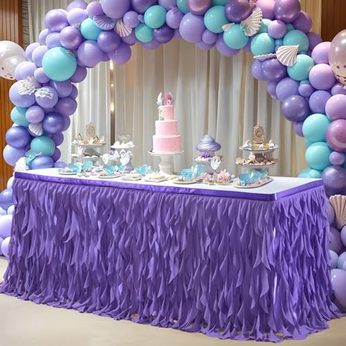 Partisky Mermaid Purple Tulle Curly Willow Table Skirt for Rectangle Table 17ft, Ruffle Tutu Table Cloth for Girls Boys Baby Shower,Mermaid Birthday Party - Image 3