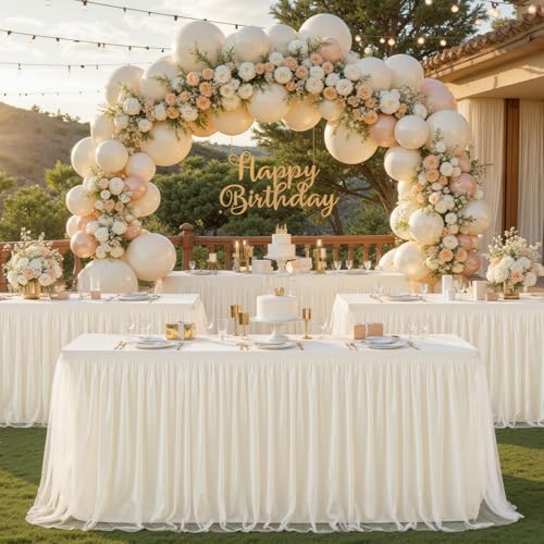 4 Pack 8ft Ivory Tulle Tablecloths for Rectangle Tables, 8 Foot Ivory Rectangular Table Cloth Wrinkle Free Tablecover with Tutu Skirt for Wedding Baby Shower Birthday Party Banquet Buffet Cake - Image 3