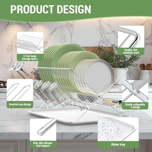 Dish Rack with Drip Tray, Stainless Steel 3-Tier Collapsible Drainer Dish Drying Rack for Kitchen Counter, Sink, Countertop,Cutlery, Dishes Utensils Flatware Holder Set, Reversible Cup Draining Rack - Image 4