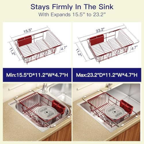 MAJALiS Red Dish Drying Rack Over The Sink with Utensil Holder, Mat - Image 3