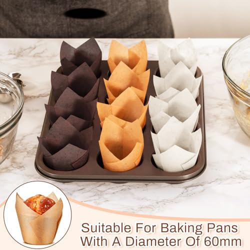 Motiskyy 600 Pcs Jumbo Muffin Liners for Baking 2-1/4" x 4" Large Tulip Cupcake Liners Greaseproof Cupcake Wrapper Paper for Weddings Birthday Christmas Anniversaries Party (Light Brown,White,Brown) - Image 6