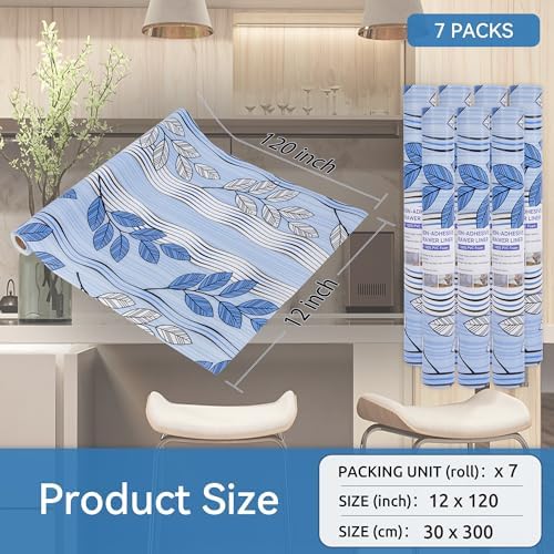 FIFTY FEET Blue Leaves Shelf Liner for Kitchen Cabinets, 12 x 120 Inch x 7 Roll Non Adhesive Non Slip Drawer Liner, Washable Cabinet Liner for Shelves & Drawers - Image 5