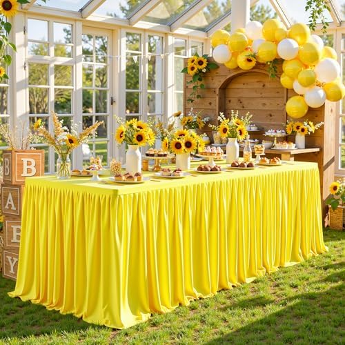 PARTISKY 6 Pack Yellow Tablecloths for Rectangle Tables 6ft, Wrinkle Resistant Spandex Table Cover Fitted Stretch Table Cloth with Pleated Ruffle Skirts for Party Banquet Dining Birthday Wedding - Image 7
