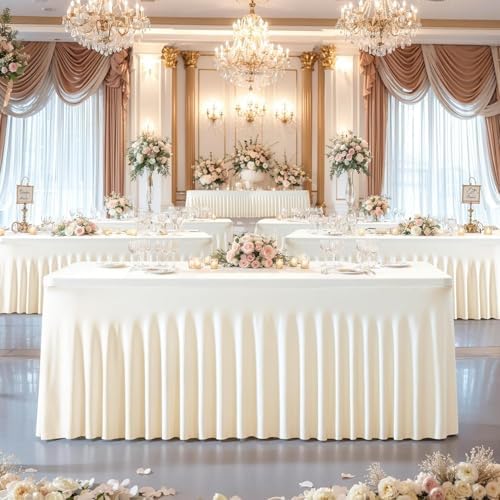 Besutolife 4 Pack Ivory Spandex Tablecloth for 8ft Rectangle Tables Fitted Table Cloth Stretch Table Covers Skirt 8ft Rectangular Tablecloths for Banquet Parties Wedding Decorations - Image 4