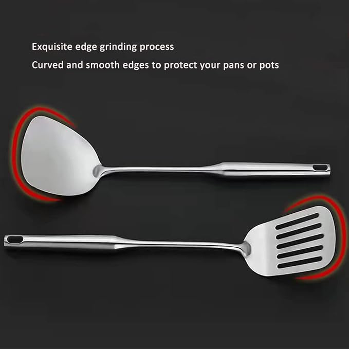 18/10 Stainless Steel Cooking Utensils Set 6 Pcs Metal Long Handle Kitchen Utensil, Spatula, Serving Soup spoon, Leaking shovel, Pasta Spoon Kitchen Tools Set (6 Pieces Set) - Image 4
