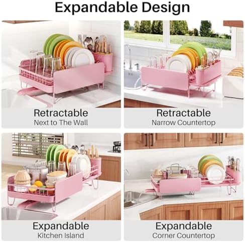 SNTD Large Dish Drying Rack for Kitchen Counter, Expandable, Pink - Image 3