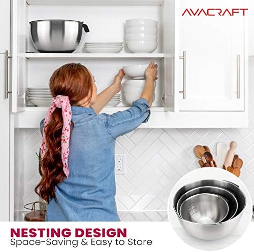 AVACRAFT 18/10 Stainless Steel Mixing Bowl Set with Lids, Black | Non-Slip Silicone Base, Ergonomic Handles, Pour Spouts, Interior Measurement Marks, Nesting Design, Dishwasher Safe - Image 3