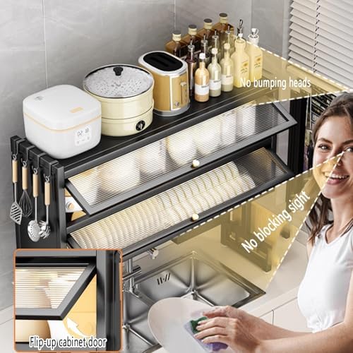 Large 3-Tier Over Sink Dish Drying Rack with Flip-top Door,Kitchen Counter Utensil Holder Organizers Space-Saving,Multifunctional Metal Counter Shelf,for Plates Bowl(Black,85cm/33.5in) - Image 2