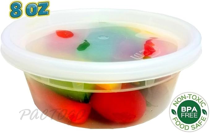 PCM 8 16 32 oz. Round Plastic Deli Soup Containers w/Lids Microwavable BPA Free (Pack of 12 Sets Each) - Image 4