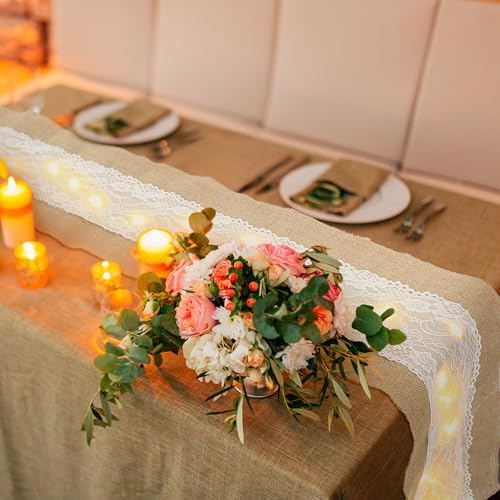 Xinnun 6 Pcs Burlap Table Runner with Lights 12 x 108 Inches Burlap Lace Table Runner Rustic Wedding Decorations Home Party (Flower) - Image 6