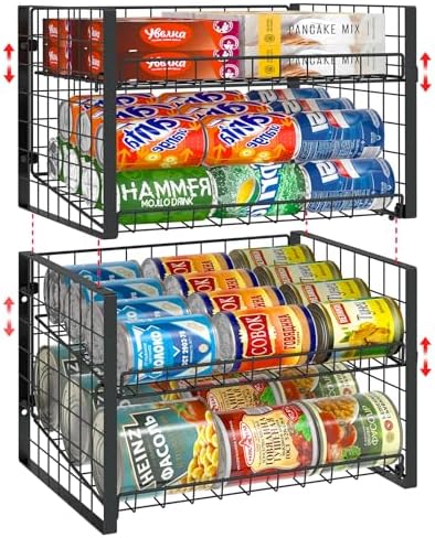 JKsmart 2-Tier Stackable Can Rack Organizer for Pantry, Adjustable Can Dispenser Holds Up to 60 Cans, Can Storage Holder for Various Ounces of Canned Food Soda Drinks, Black, 2 Pack by JKsmart